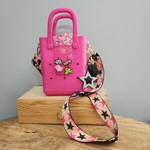 Pink Rubber Crossbody Handbag with Guitsr Star Strap Key Chain & Charms Cowgirl